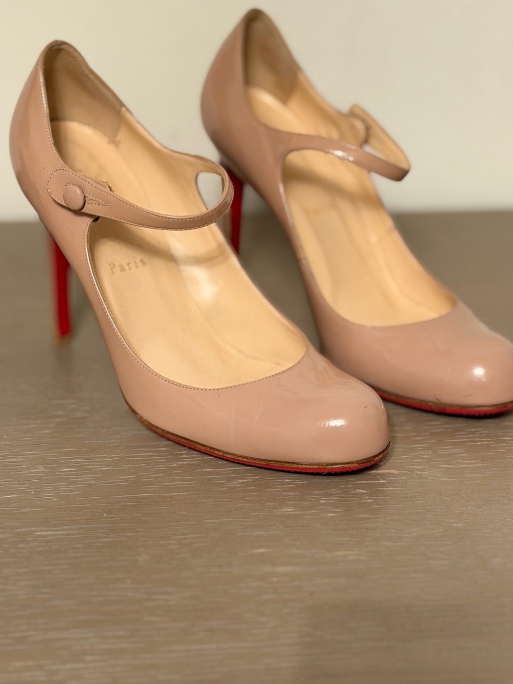 Christian Louboutin Nude Pink Patent Mary Jane Heels with Red Sole